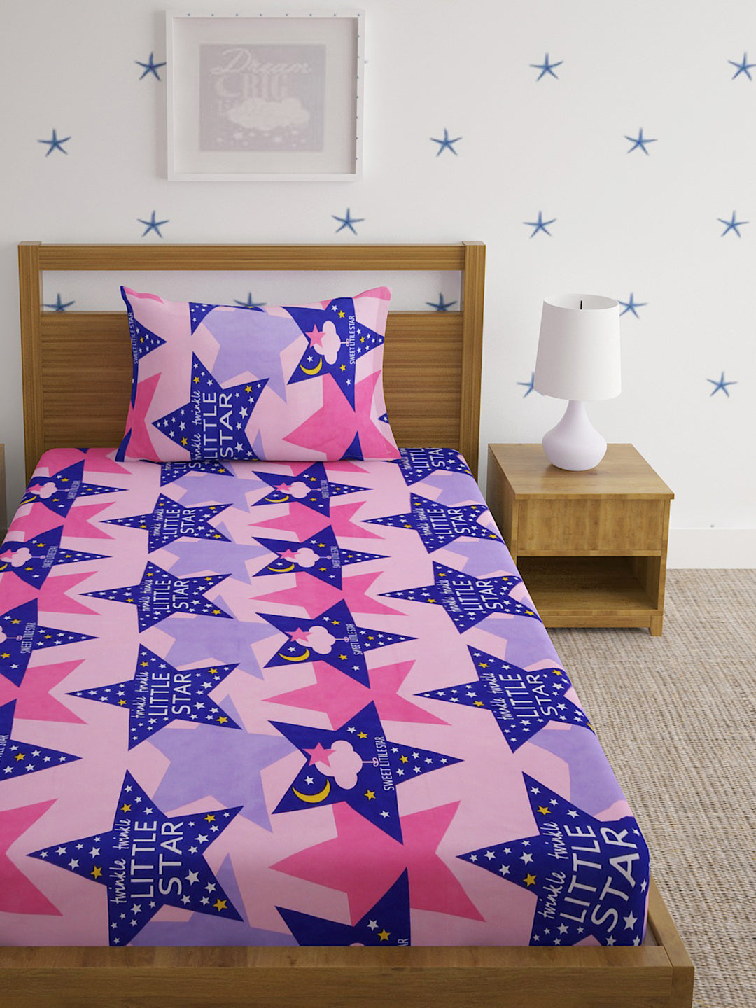 Hosta Homes Little Star Multicolored Printed Bed Sheet With Pillow Cover image 1