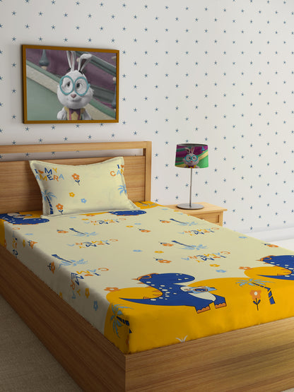 Hosta Homes Dinosaur's Camera Multicolored Kids Bedsheet With Pillow Covers - Single Size image