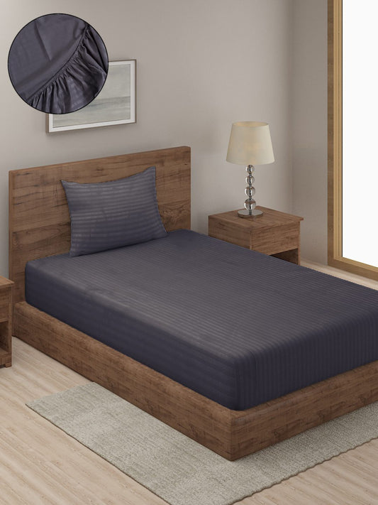 HOSTA HOMES Grey Striped 300 TC Cotton Fitted Bedsheet with Pillow Covers - Single Size image