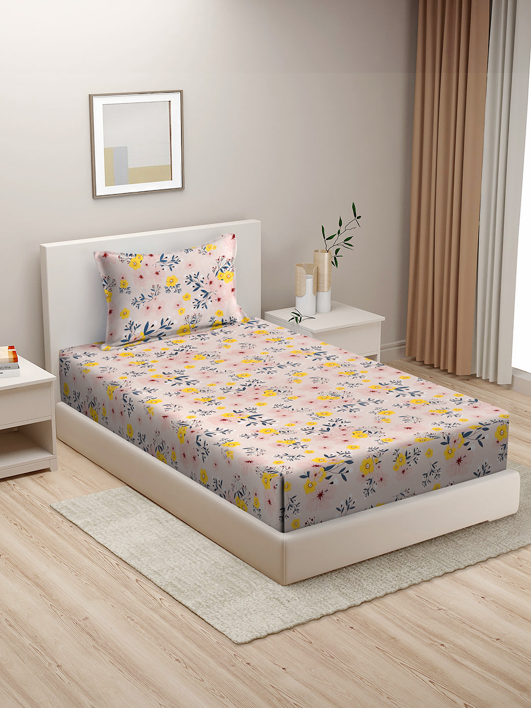 Hosta Homes Floral Design Multicolored Bed Sheet With Pillow Covers - Single Size image