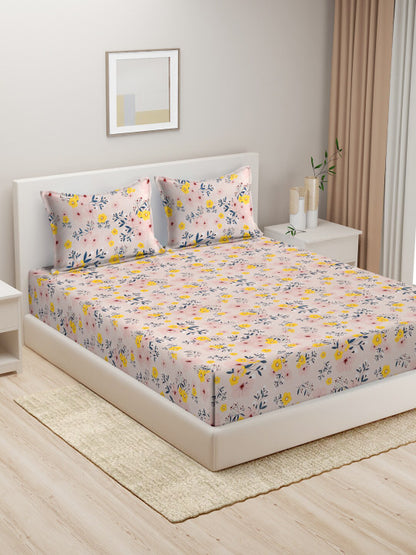 Peach Floral Pure Cotton 300 TC King Fine Bedsheet with 2 Pillow Covers-100 x 108 inches