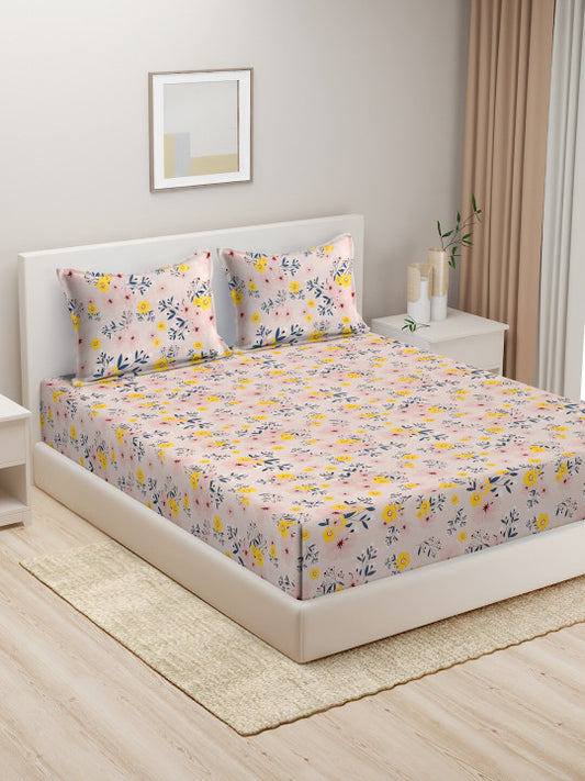 Peach Floral Pure Cotton 300 TC King Fine Bedsheet with 2 Pillow Covers-100 x 108 inches