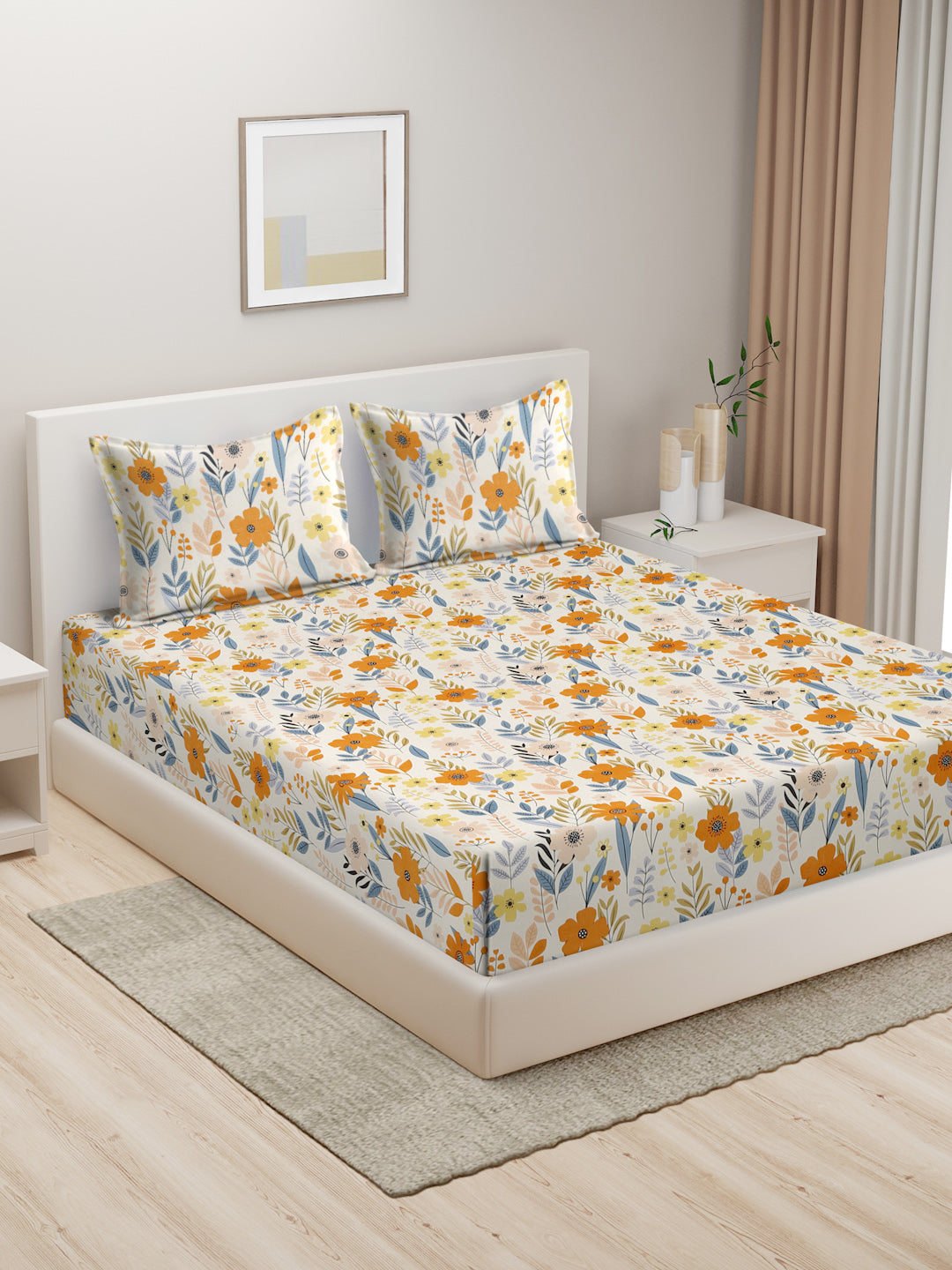 Hosta Homes Floral Design Multicolored Bed Sheet With Pillow Covers - King Size image