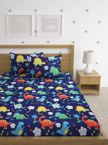 Hosta Homes Dino World Multicolored Kids Bed Sheet With Pillow Covers image 1