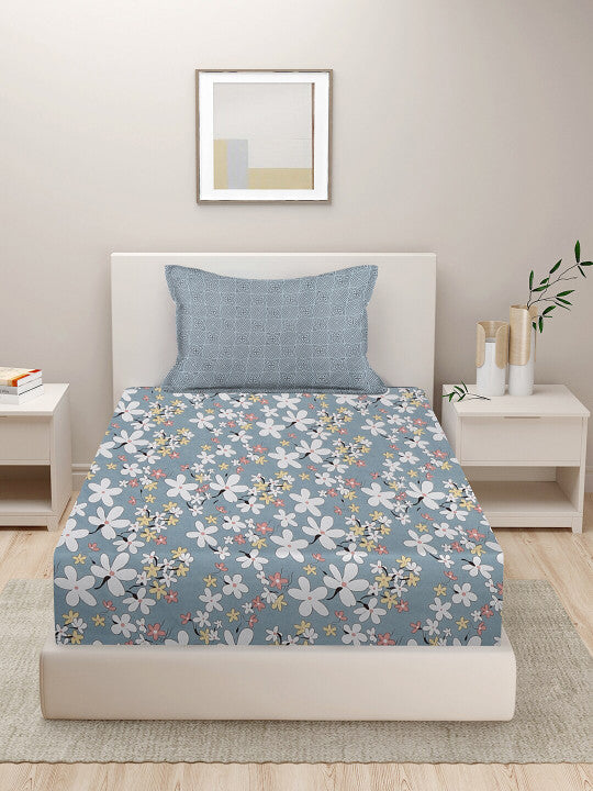 Grey Floral Cotton 210 TC Single Fine Bedsheet with a Pillow Cover-60 x 90 inches