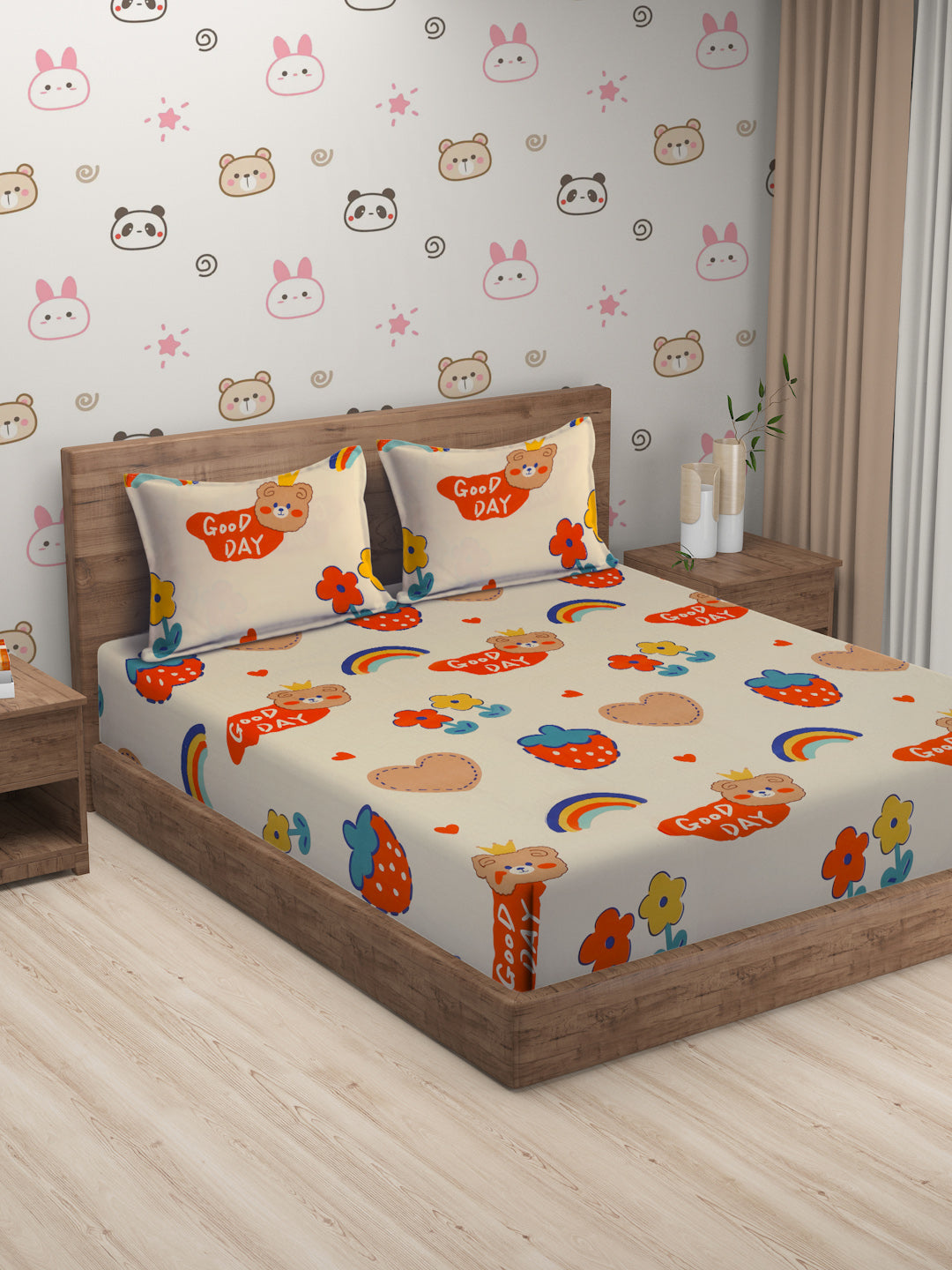 Hosta Homes Have A Good Day Printed Kids Bed Sheet With 2 Pillow Covers  image 0