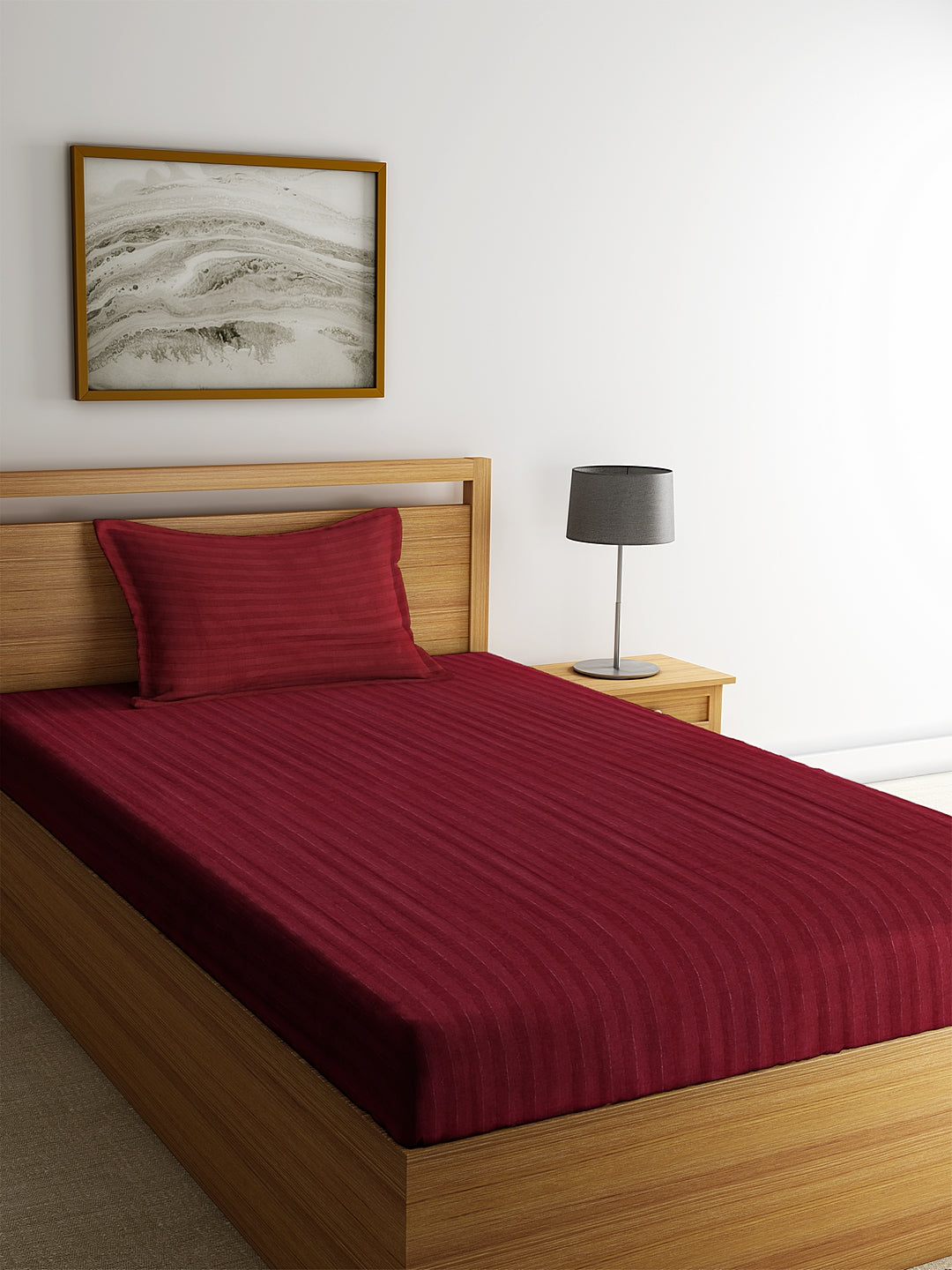 HOSTA HOMES Maroon Striped 300 TC Cotton Bedsheet with Pillow Cover image 0