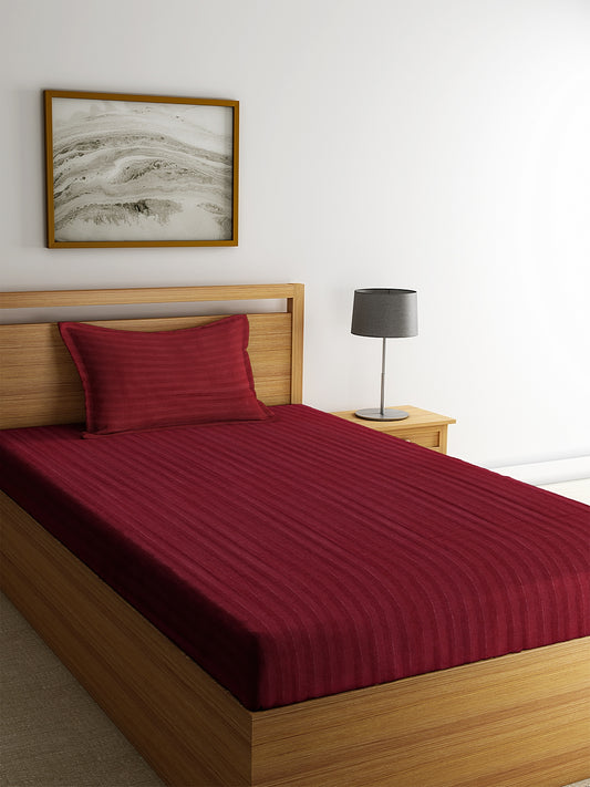 HOSTA HOMES Maroon Striped 300 TC Cotton Bedsheet with Pillow Cover image 0
