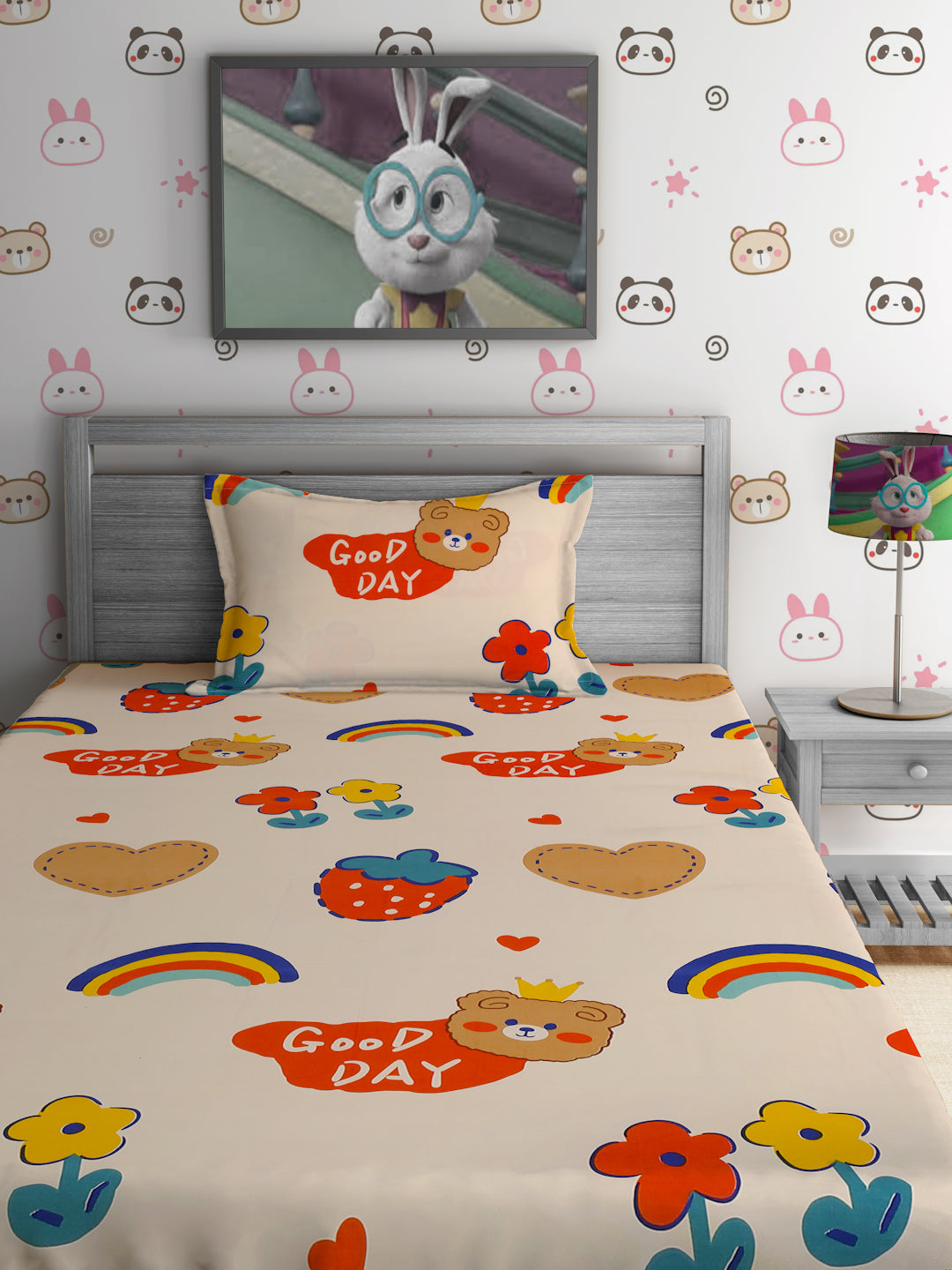 Hosta Homes Have A Good Day Printed Kids Bed Sheet With 1 Pillow Cover image 1