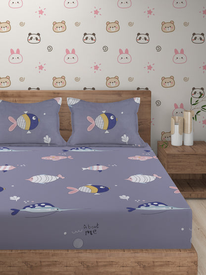 Hosta Homes Cute Mini Fish Printed Multicolored Bed Sheet With Pillow Covers image 1
