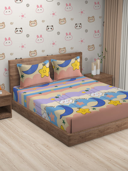 Hosta Homes Smiley Star Cloud Printed Multicolored Bedsheet With Pillow Covers image 0