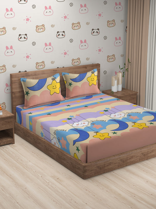 Hosta Homes Smiley Star Cloud Printed Multicolored Bedsheet With Pillow Covers image 0
