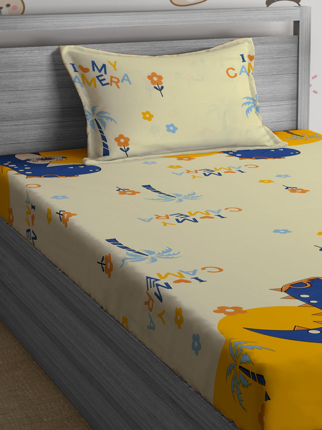 Hosta Homes Dinosaur's Camera Multicolored Kids Bedsheet With Pillow Cover image 2
