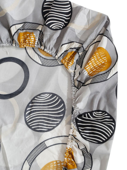 Grey Geometric Polycotton 300 TC Fitted King Fine Bedsheet with 2 Pillow Covers-78 x 78 inches
