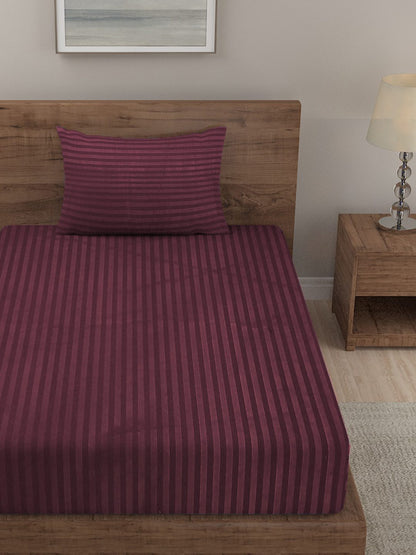 HOSTA HOMES Purple Striped 300 TC Fitted Single Bedsheet with 1 Pillow Covers image 1