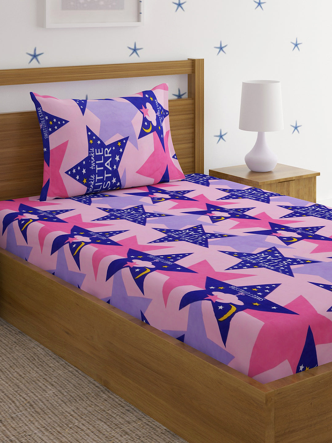 Hosta Homes Little Star Multicolored Printed Bed Sheet With Pillow Cover image 0