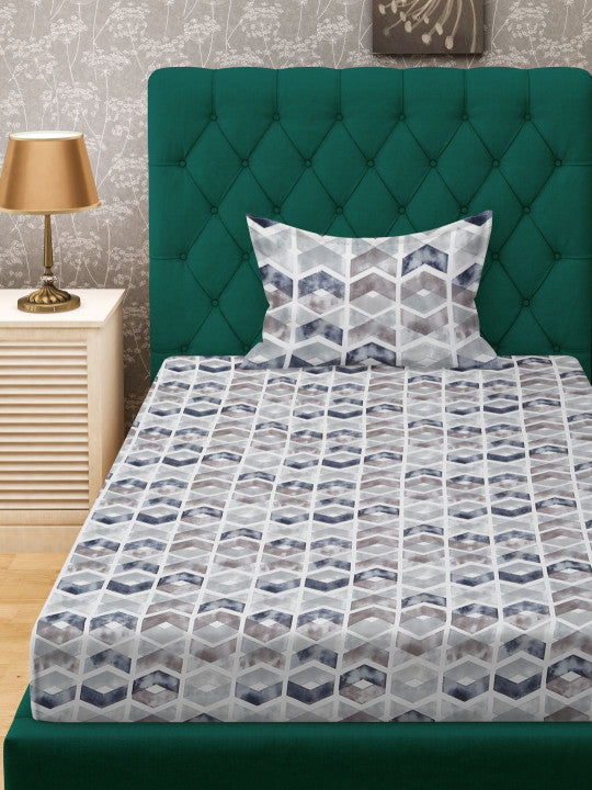 Off White & Grey Geometric Printed 280 TC Single Bedsheet Set-1.52 m x 2.28 m