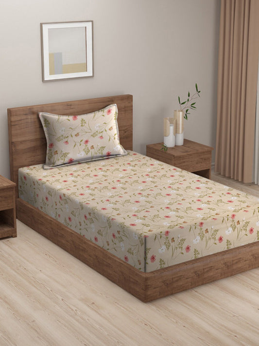 Pink Floral Cotton 210 TC Single Fine Bedsheet with a Pillow Cover-90 x 60 inches