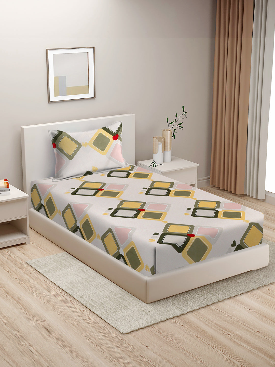Hosta Homes Geometric Design Multicolored Bed Sheet With Pillow Covers - Single Size image
