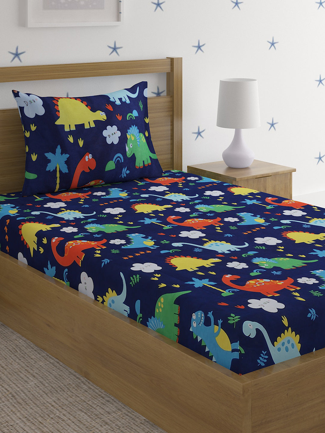 Hosta Homes Dino World Multicolored Kids Bed Sheet With Pillow Covers - Single Size image