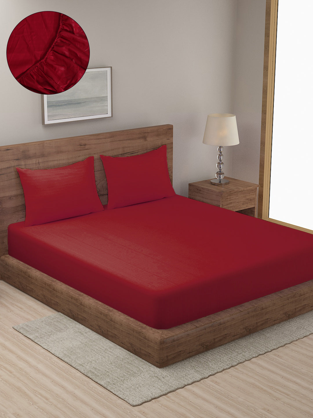 HOSTA HOMES Maroon Striped 300 TC Cotton Fitted Bedsheet with Pillow Covers image 0