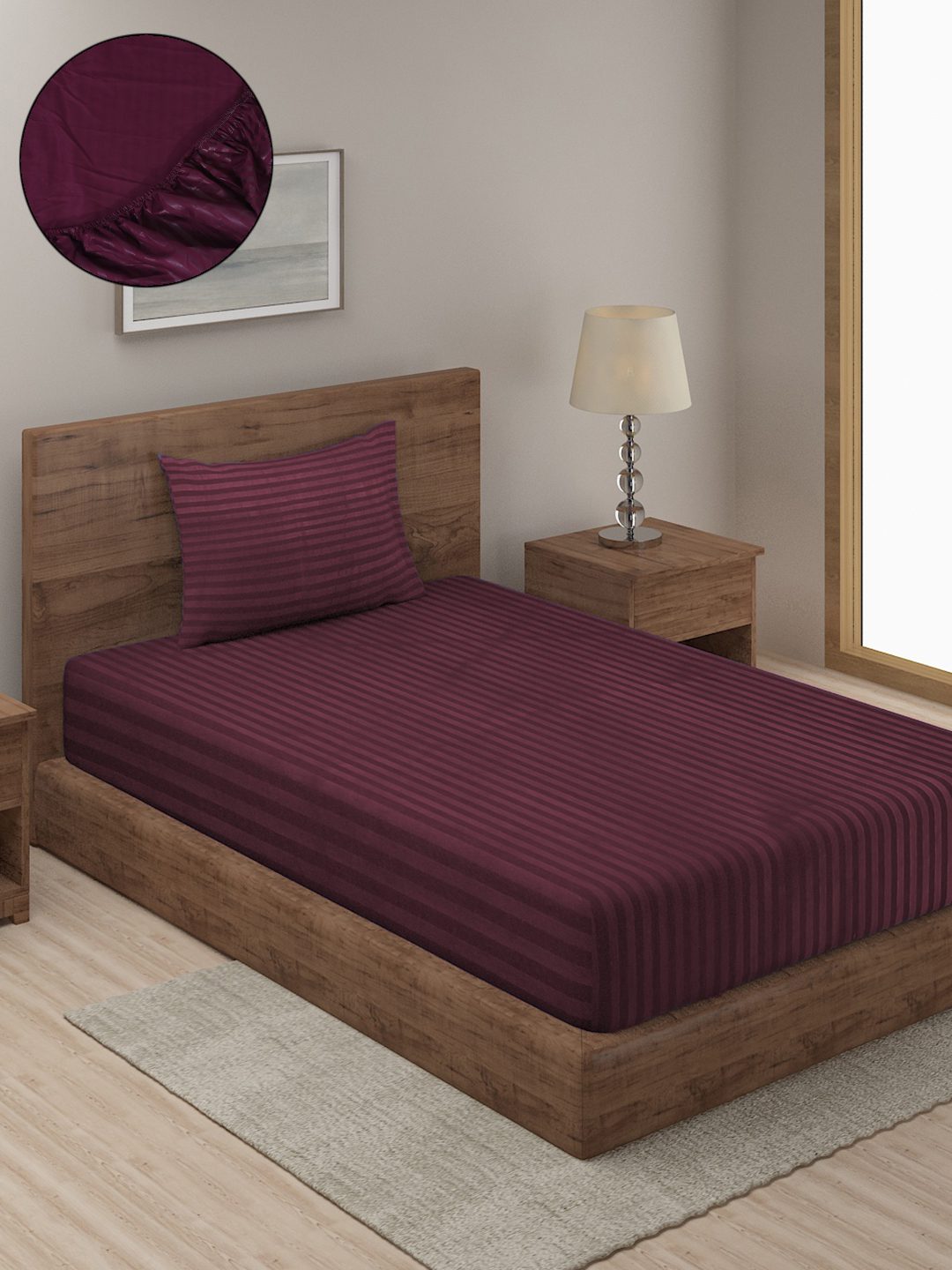 HOSTA HOMES Purple Striped 300 TC Fitted Single Bedsheet with 1 Pillow Covers image 0