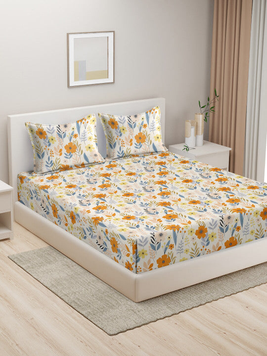 Beige Floral Pure Cotton 280 TC King Fine Bedsheet with 2 Pillow Covers-100 x 108 inches