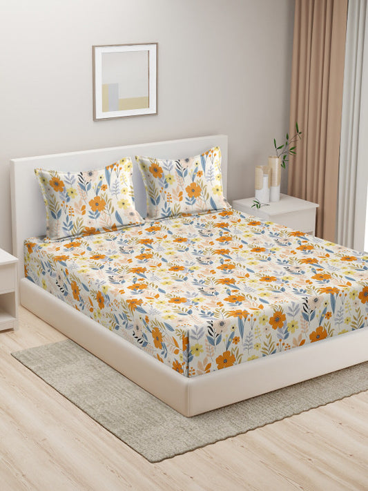 Beige Floral Pure Cotton 280 TC King Fine Bedsheet with 2 Pillow Covers-100 x 108 inches