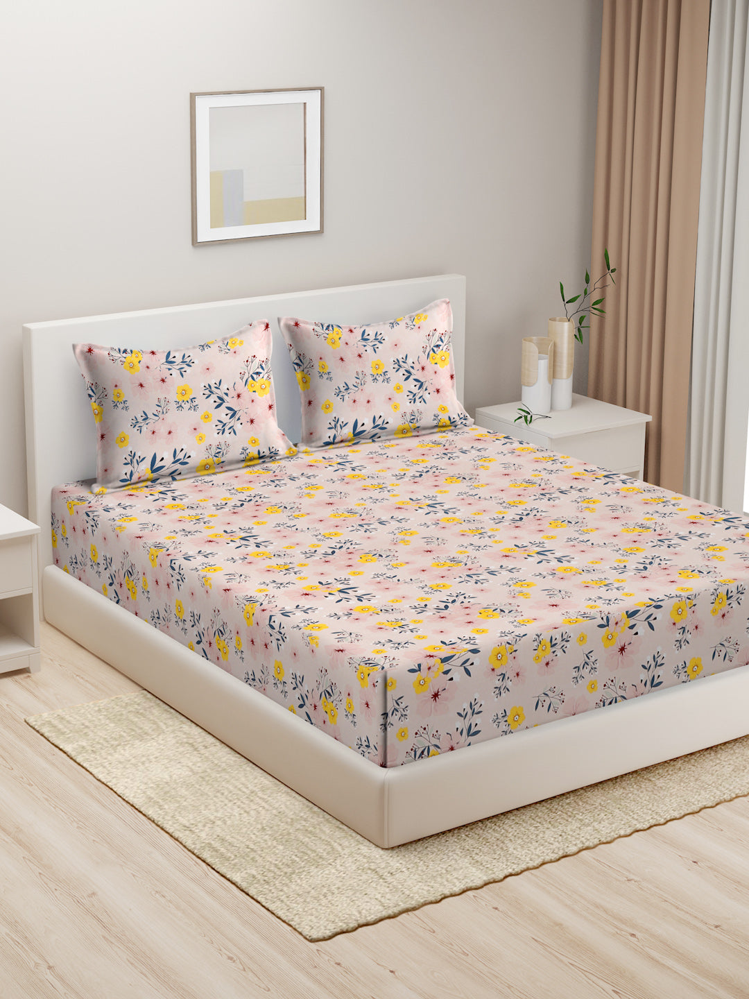 Hosta Homes Floral Design Multicolored Bed Sheet With Pillow Covers - King Size image