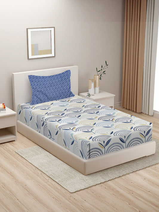 White Floral Cotton Skin-Friendly 210 TC Single Bedsheet with a Pillow Cover-152 x 228 cm