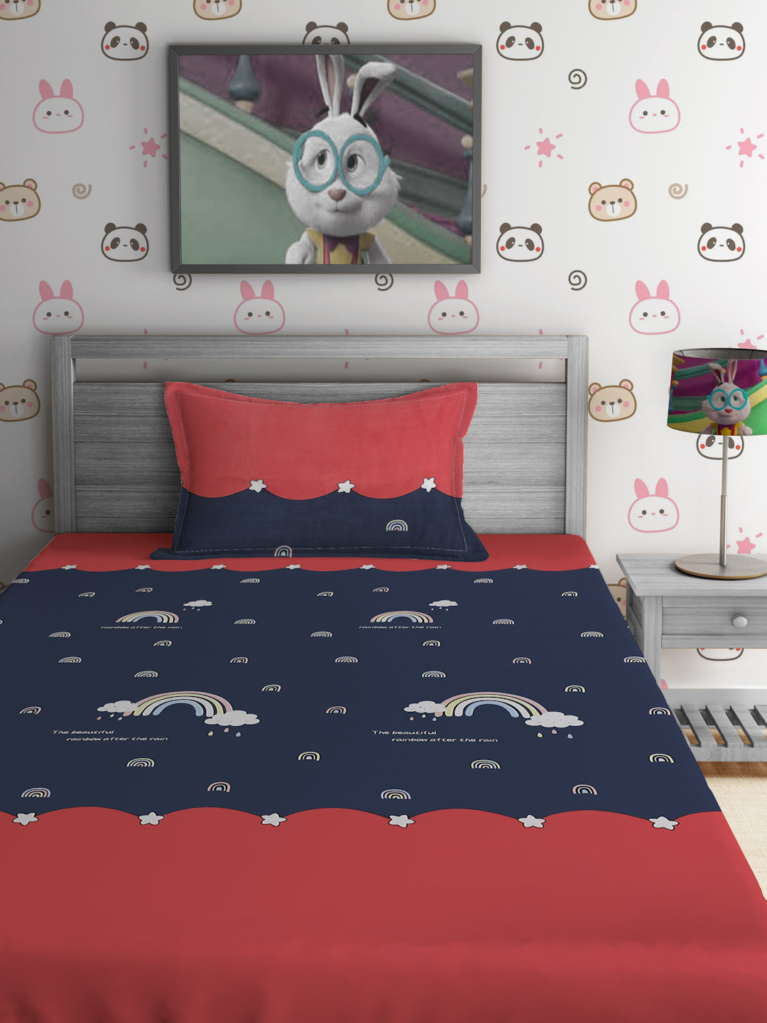 Hosta Homes Rainbow Star Multicolored Kids Bedsheet With Pillow Cover image 1