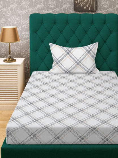 White & Grey Geometric Printed 280 TC Single Bedsheet Set-1.52 m x 2.28 m