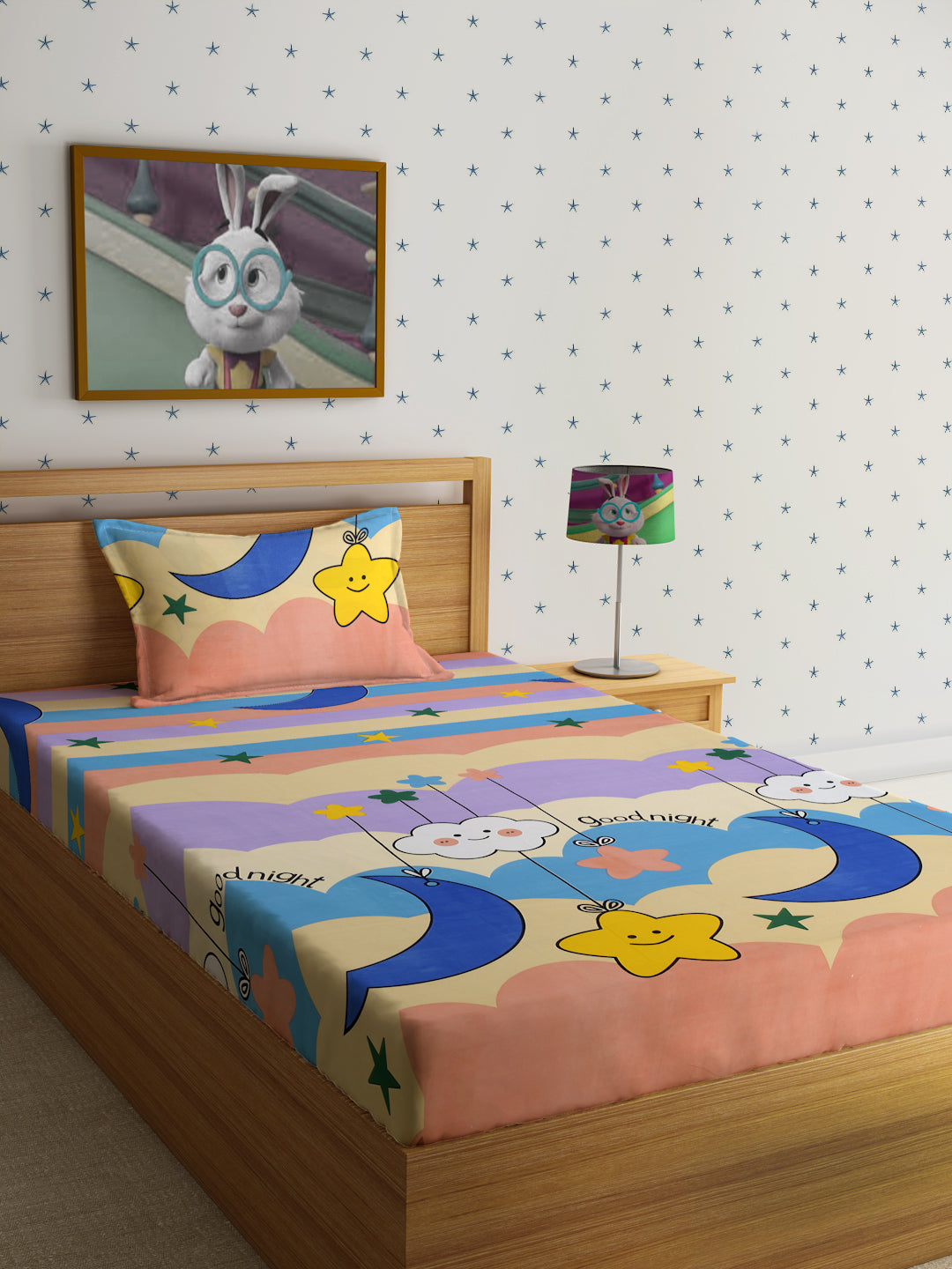 Hosta Homes Smiley Star Cloud Printed Multicolored Bedsheet With Pillow Covers - Single Size image