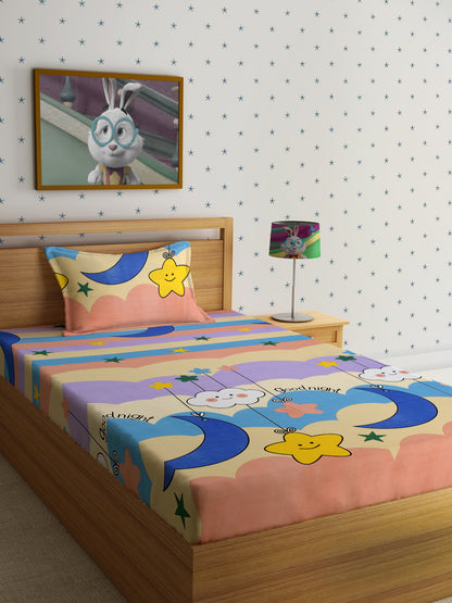Hosta Homes Smiley Star Cloud Printed Multicolored Bedsheet With Pillow Covers - Single Size image