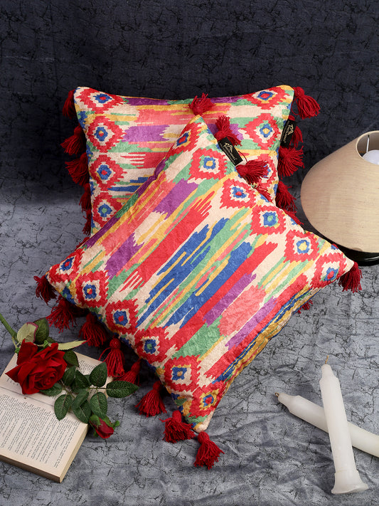 Red & Cream Geometric Velvet Square Cushion Covers image 0