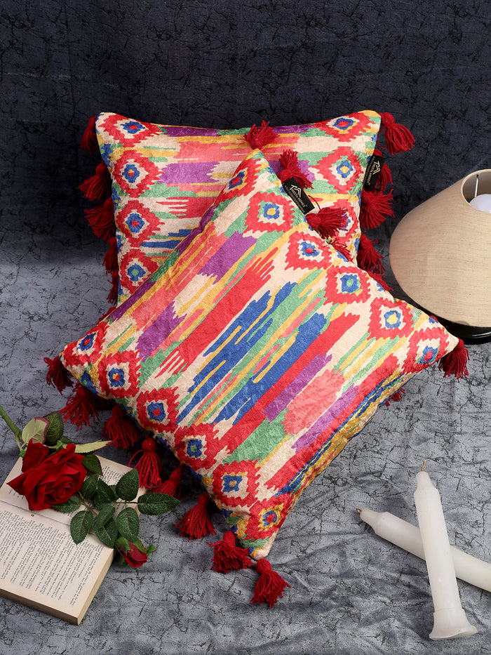 Red & Cream Geometric Velvet Square Cushion Covers image 0