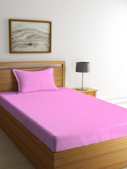 HOSTA HOMES Pink Solid Pure Cotton 300 TC Bedsheet With Pillow Covers - Single Size image