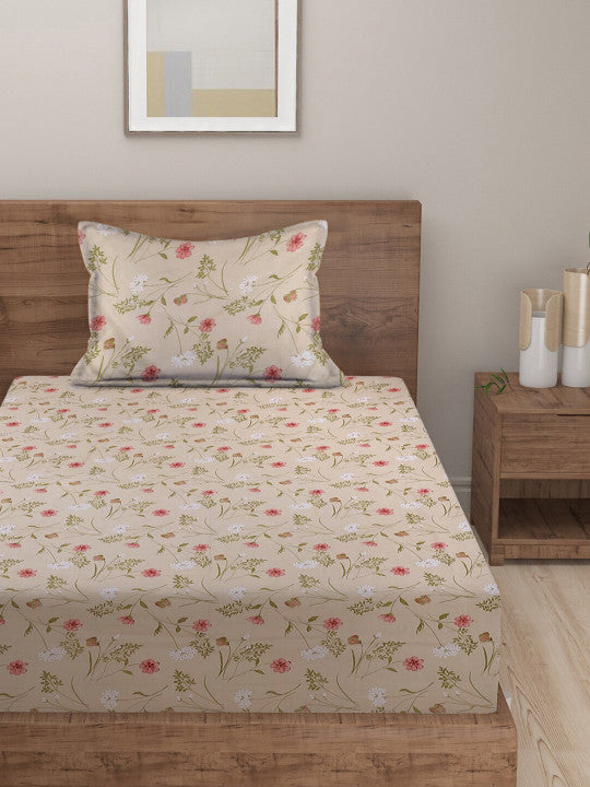 Pink Floral Cotton 210 TC Single Fine Bedsheet with a Pillow Cover-90 x 60 inches
