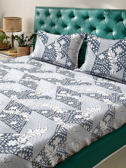 Grey Geometric Polycotton 280 TC Fitted King Fine Bedsheet with 2 Pillow Covers-78 x 78 inches