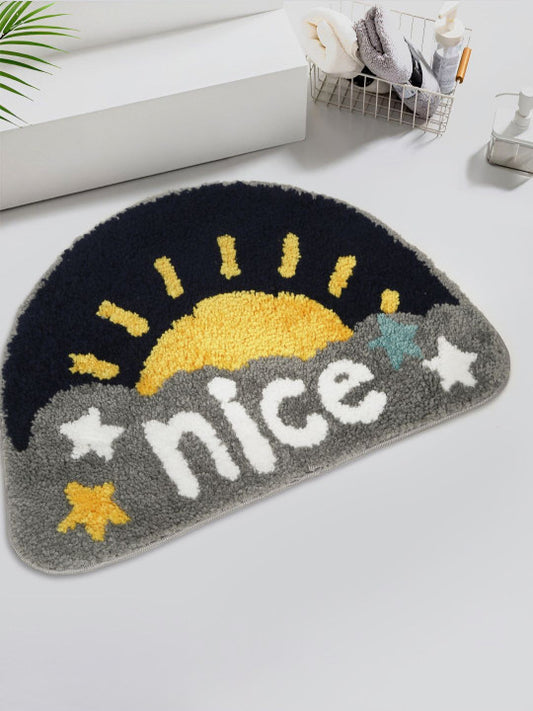 Grey & Black Printed Cotton Fur Anti Skid Bath Rugs