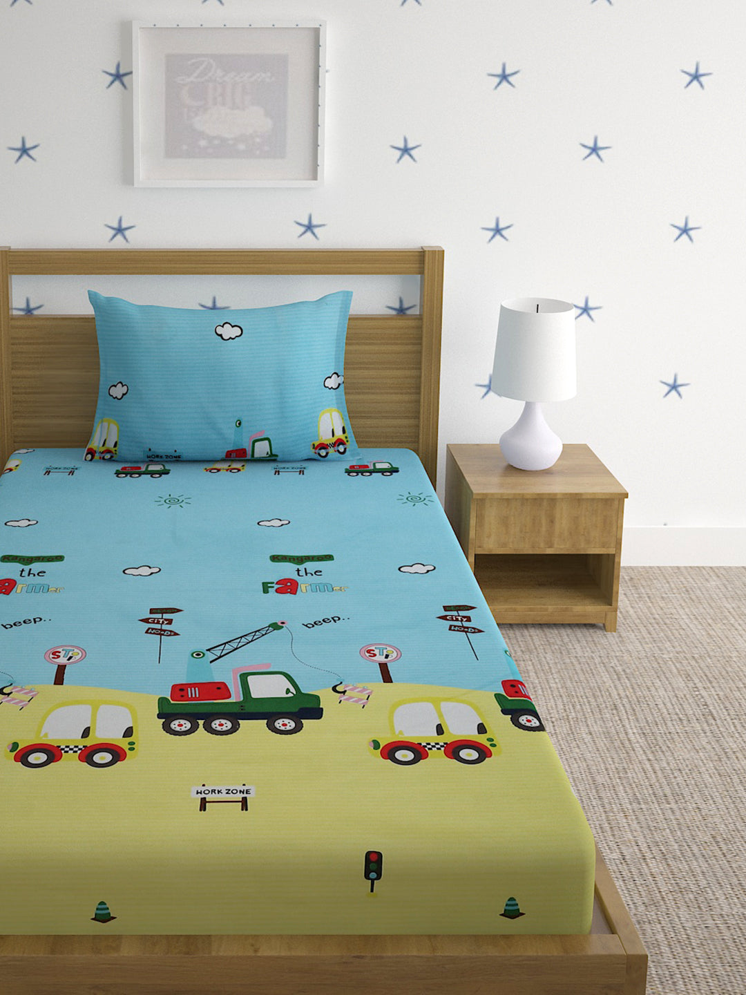 Hosta Homes Farmer Work Zone Multicolored Bed Sheet With Pillow Cover image 1