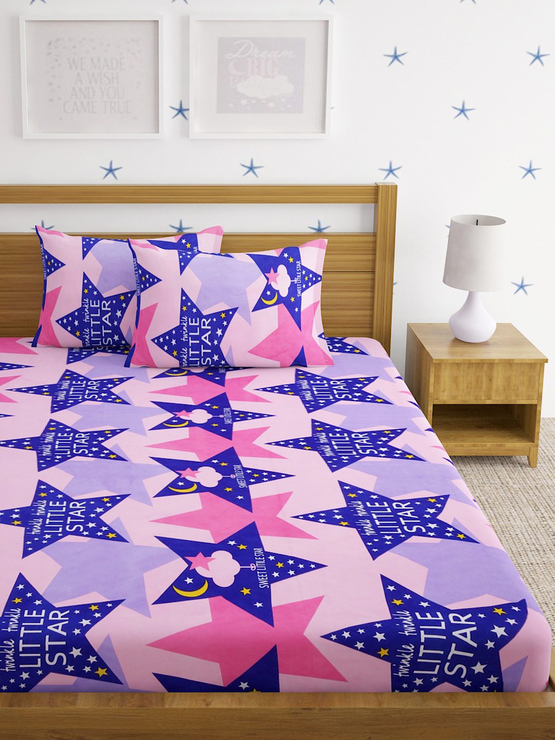 Hosta Homes Little star Multicolored Printed Bed Sheet With Pillow Covers image 1