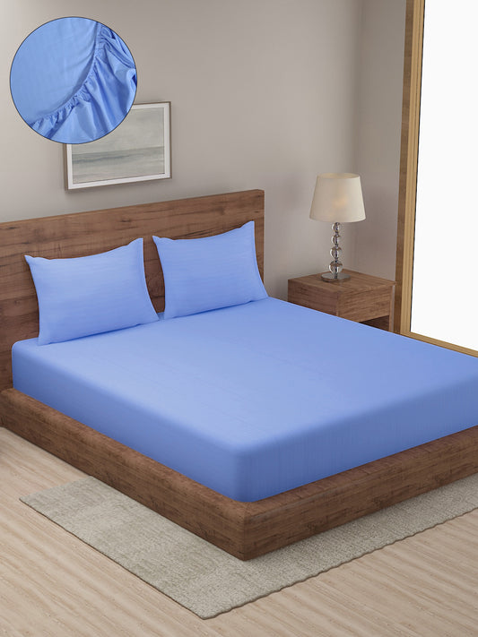 HOSTA HOMES Sky Striped 300 TC Cotton Fitted Bedsheet with Pillow Covers image 0