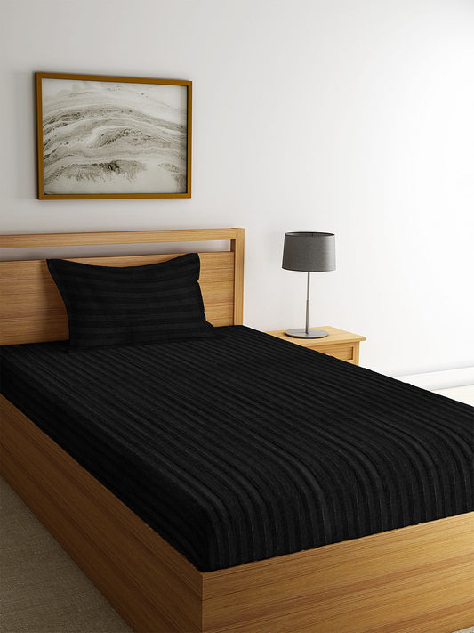 HOSTA HOMES Black Striped 300 TC Cotton Bedsheet with Pillow Covers - Single Size image