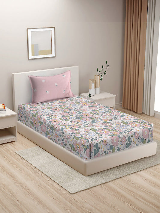 Pink Floral Cotton 210 TC Single Fine Bedsheet with a Pillow Cover-60 x 90 inches