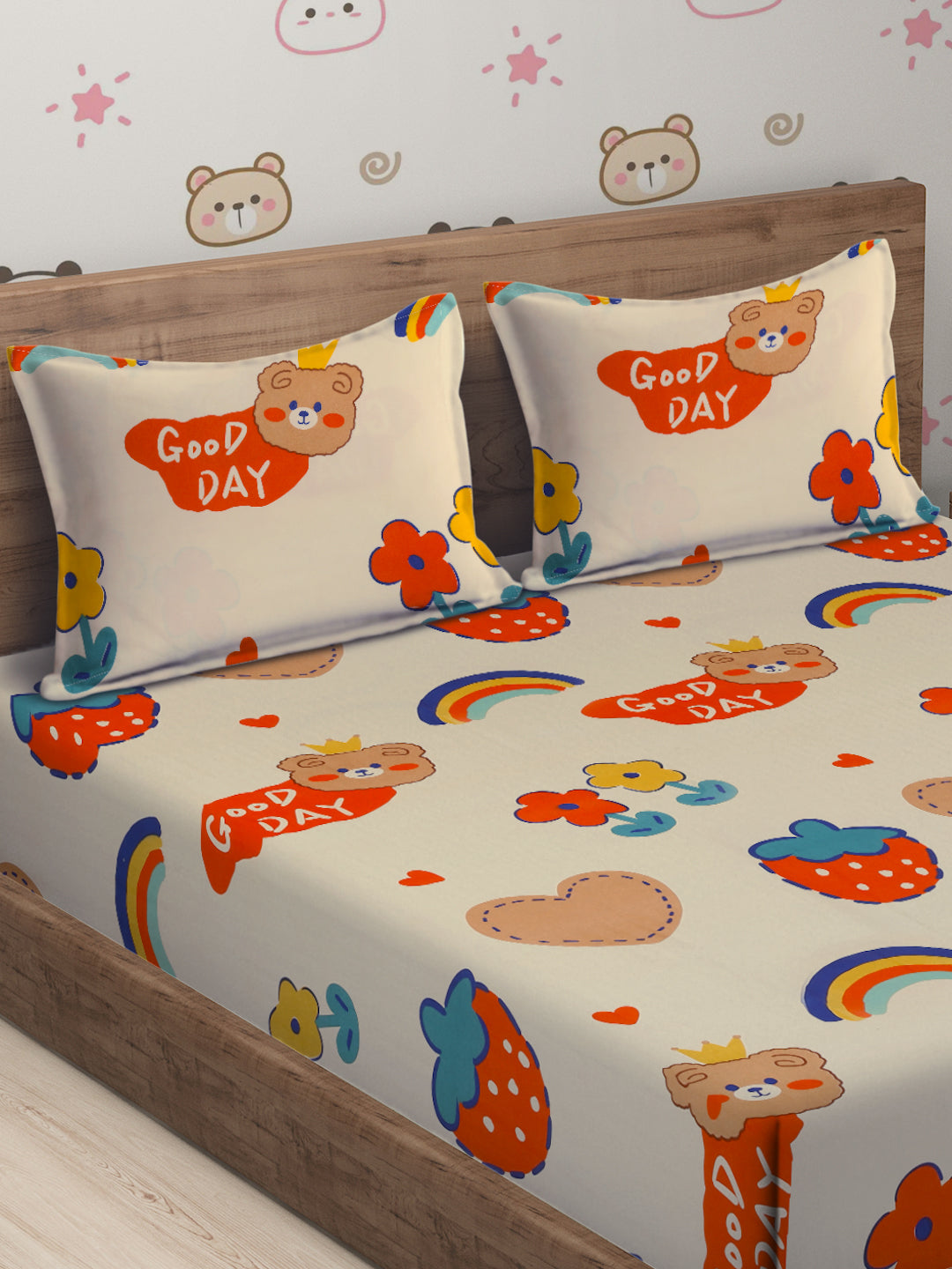 Hosta Homes Have A Good Day Printed Kids Bed Sheet With 2 Pillow Covers  image 2