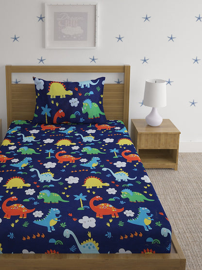 Hosta Homes Dino World Multicolored Kids Bed Sheet With Pillow Cover image 1