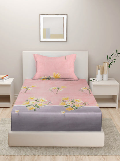 Pink Floral Cotton 210 TC Single Fine Bedsheet with a Pillow Cover-600 x 90 inches