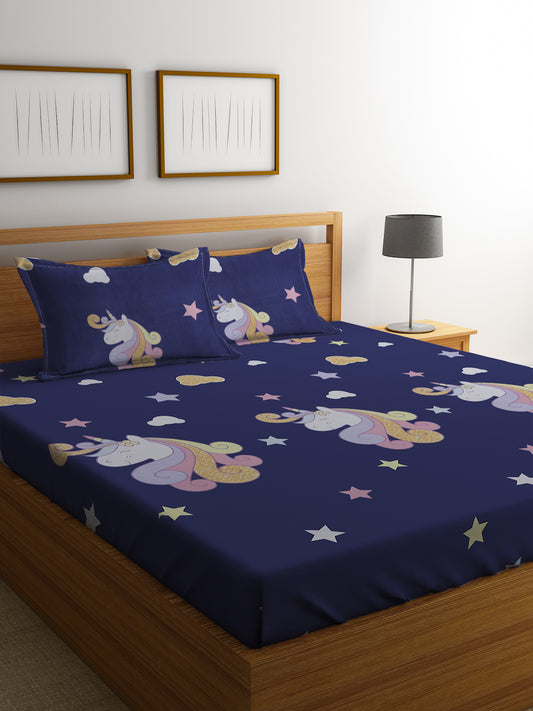 Hosta Homes Little Unicorn Printed Multicolored Bedsheet With Pillow Covers image 0