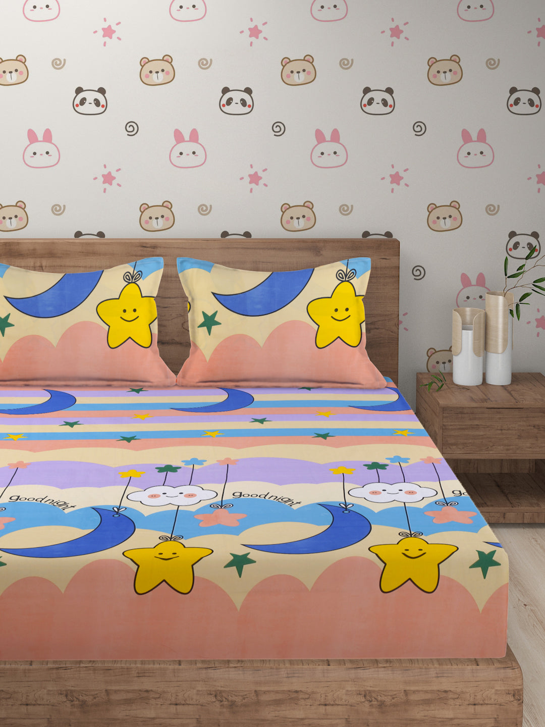 Hosta Homes Smiley Star Cloud Printed Multicolored Bedsheet With Pillow Covers image 1